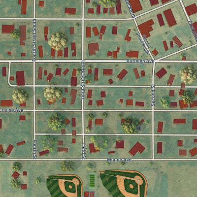 Close-up of the map of Wilton, North Dakota print showing street and building detail
