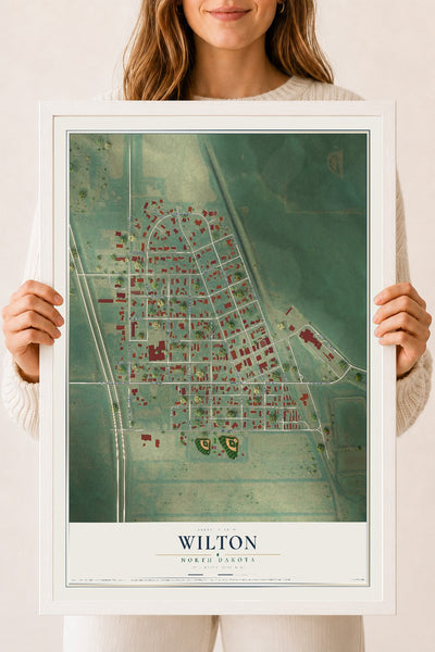 Map of Wilton, North Dakota, 18 x 24 inch print in a white wood frame