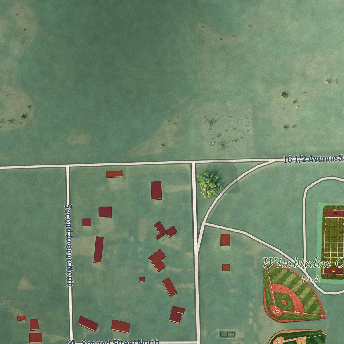 Second close-up of the map of Wimbledon, North Dakota print showing more streets and buildings