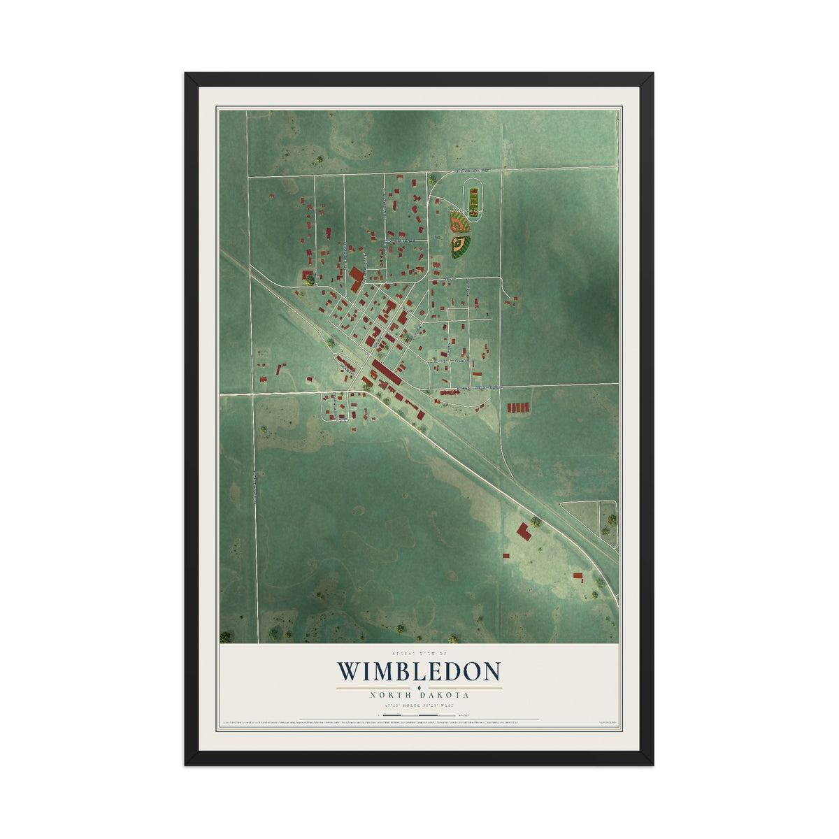 Map of Wimbledon, North Dakota, 12 x 18 inch print in a black wood frame