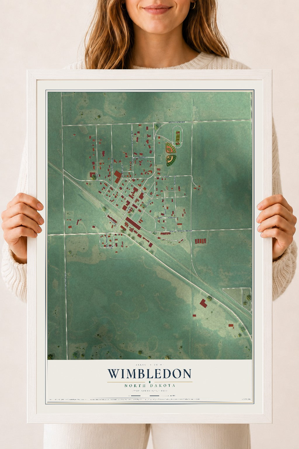 Map of Wimbledon, North Dakota, 18 x 24 inch print in a white wood frame