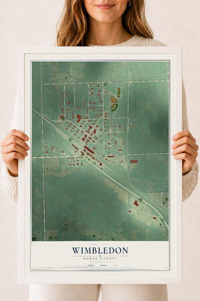 Map of Wimbledon, North Dakota, 18 x 24 inch print in a white wood frame