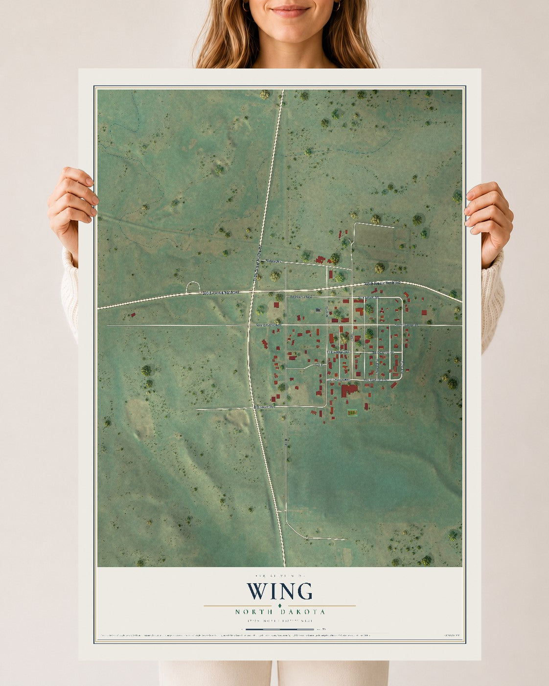 Map of Wing, North Dakota, 24 x 36 inch unframed archival matte print