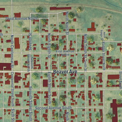 Close-up of the map of Wishek, North Dakota print showing street and building detail