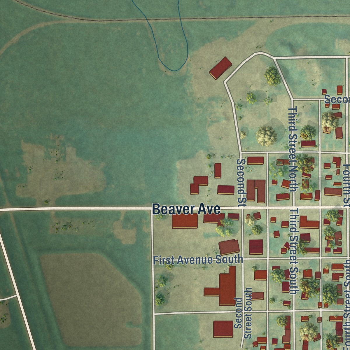 Second close-up of the map of Wishek, North Dakota print showing more streets and buildings