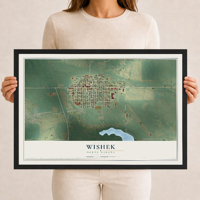 Map of Wishek, North Dakota, 12 x 18 inch print in a black wood frame