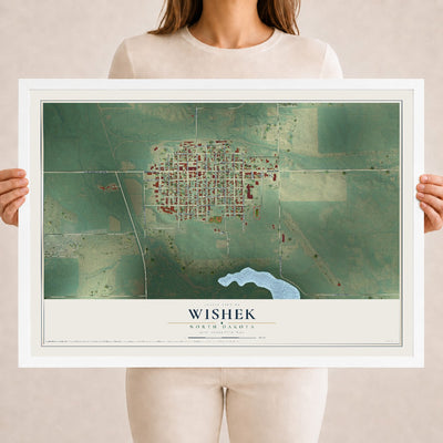 Map of Wishek, North Dakota, 18 x 24 inch print in a white wood frame