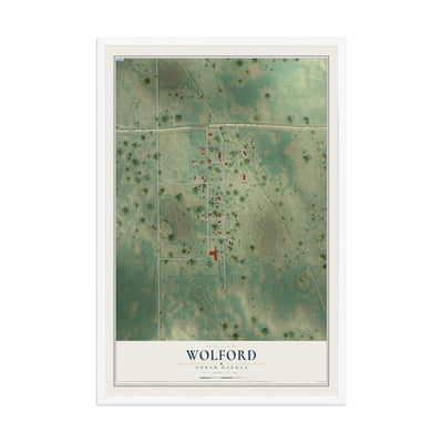 Map of Wolford, North Dakota, 12 x 18 inch print in a white wood frame
