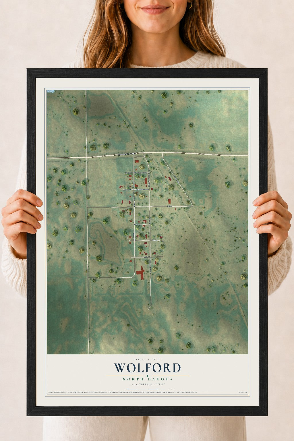 Map of Wolford, North Dakota, 18 x 24 inch print in a black wood frame