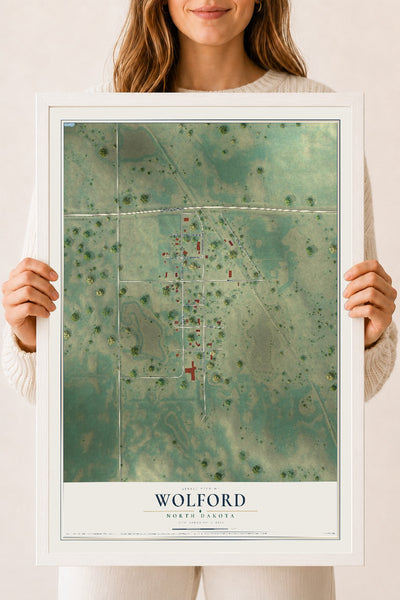 Map of Wolford, North Dakota, 18 x 24 inch print in a white wood frame