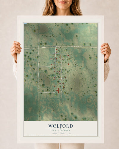 Map of Wolford, North Dakota, 24 x 36 inch print in a white wood frame