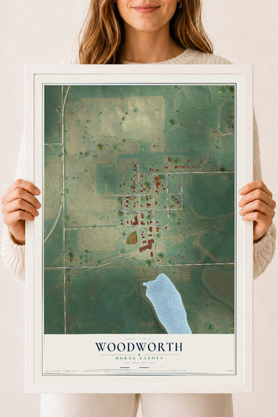 Map of Woodworth, North Dakota, 18 x 24 inch print in a white wood frame