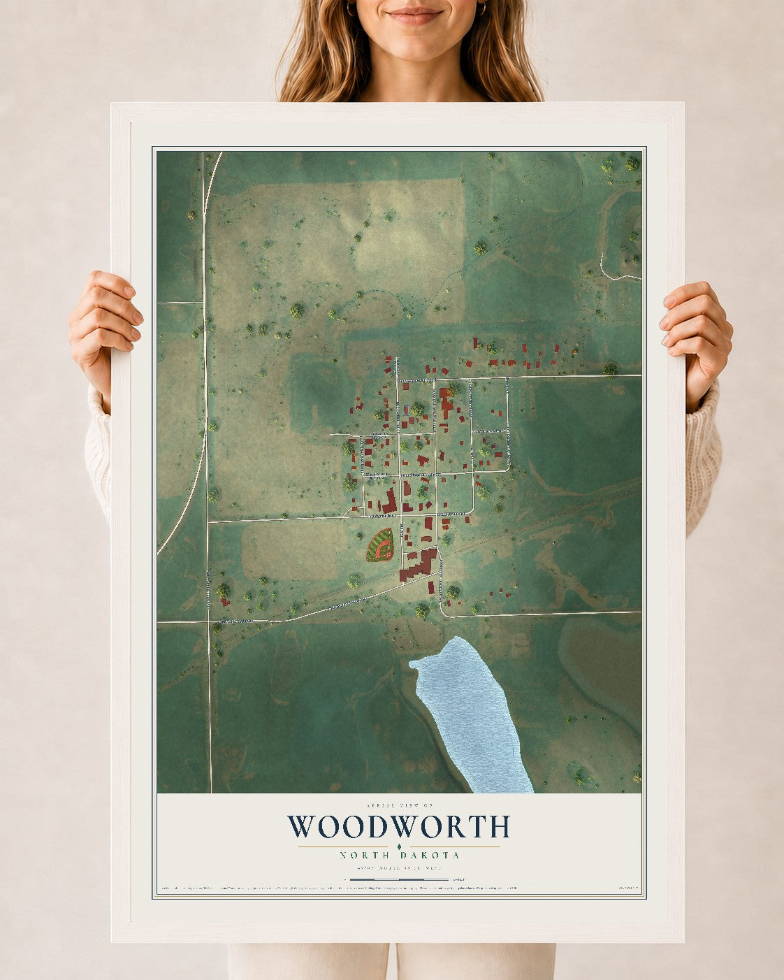 Map of Woodworth, North Dakota, 24 x 36 inch print in a white wood frame