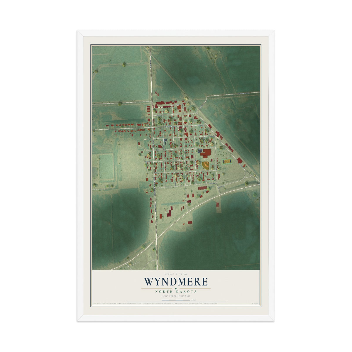 Map of Wyndmere, North Dakota, 12 x 18 inch print in a white wood frame