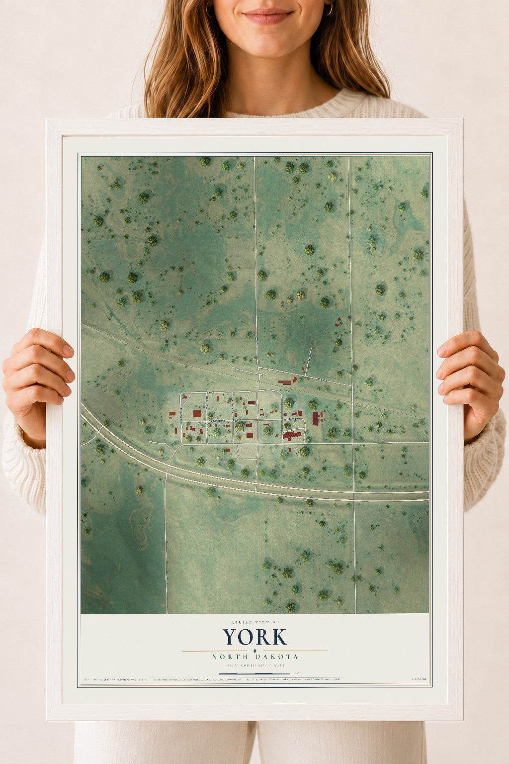 Map of York, North Dakota, 18 x 24 inch print in a white wood frame