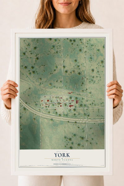 Map of York, North Dakota, 18 x 24 inch print in a white wood frame
