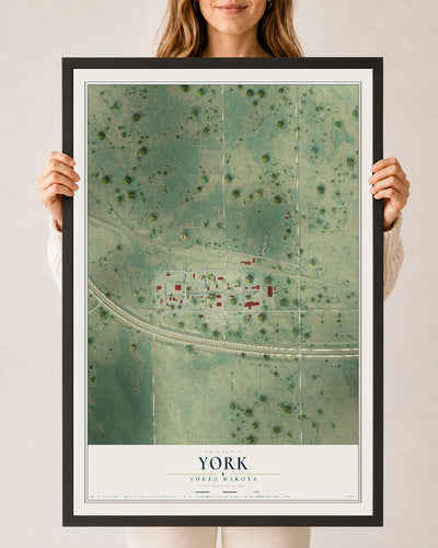 Map of York, North Dakota, 24 x 36 inch print in a black wood frame