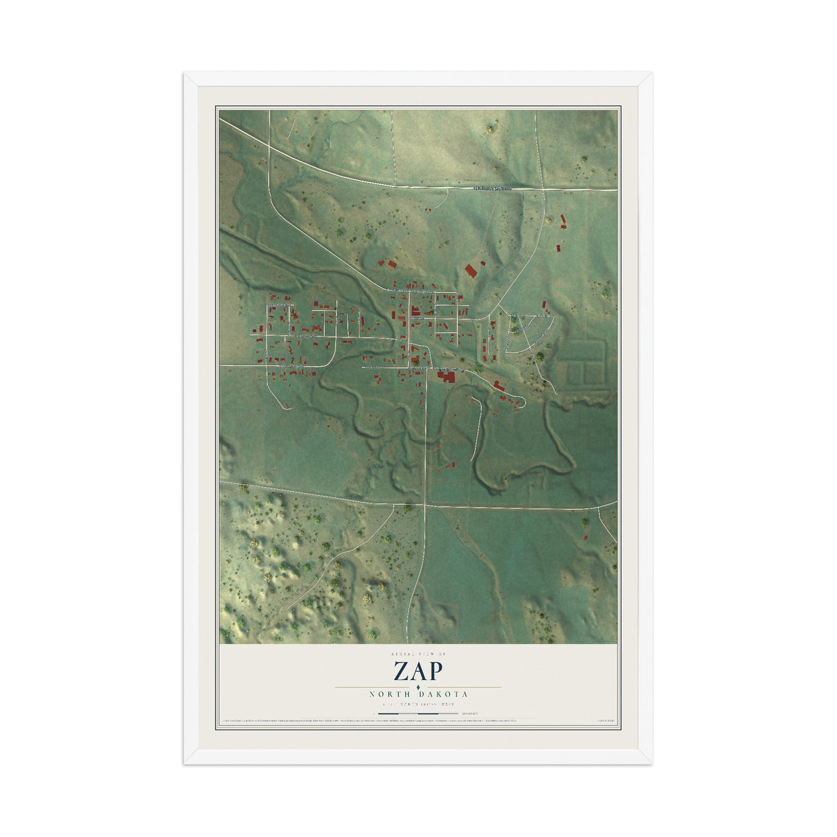Map of Zap, North Dakota, 12 x 18 inch print in a white wood frame