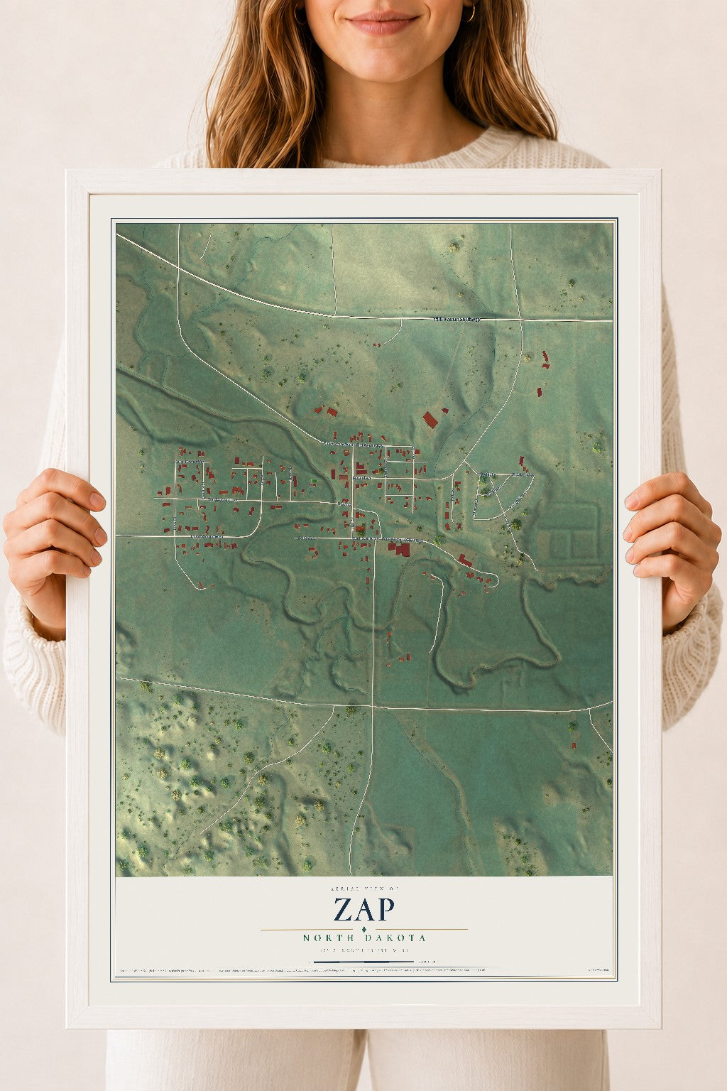 Map of Zap, North Dakota, 18 x 24 inch print in a white wood frame