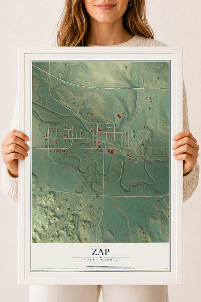 Map of Zap, North Dakota, 18 x 24 inch print in a white wood frame