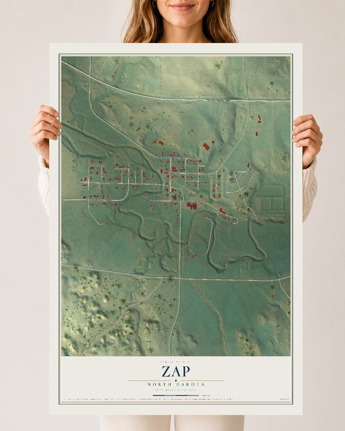 Map of Zap, North Dakota, 24 x 36 inch unframed archival matte print
