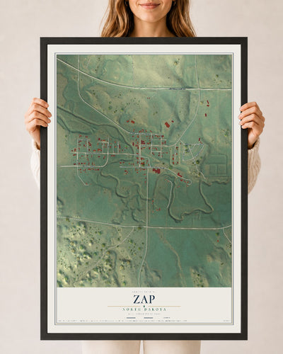 Map of Zap, North Dakota, 24 x 36 inch print in a black wood frame