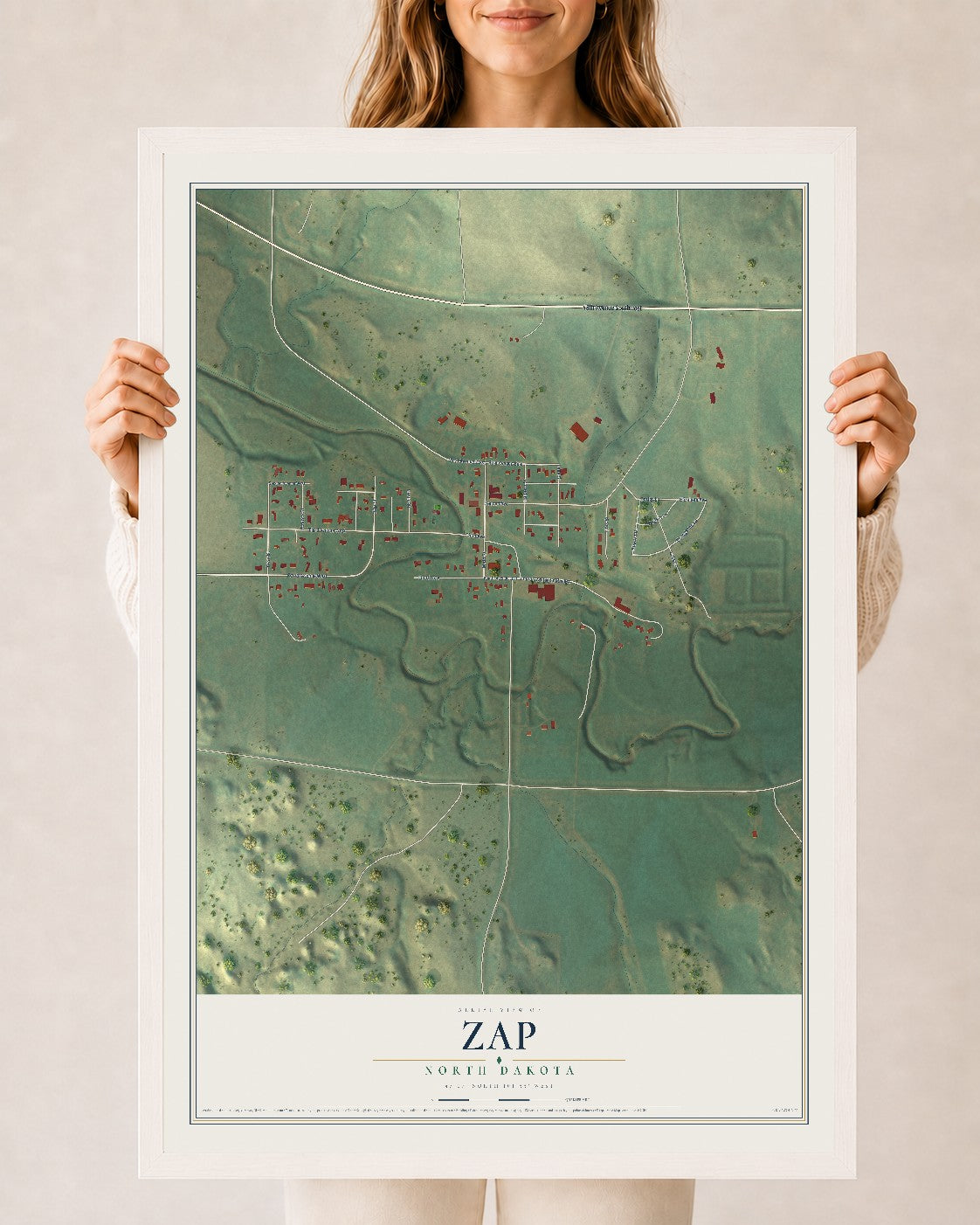 Map of Zap, North Dakota, 24 x 36 inch print in a white wood frame