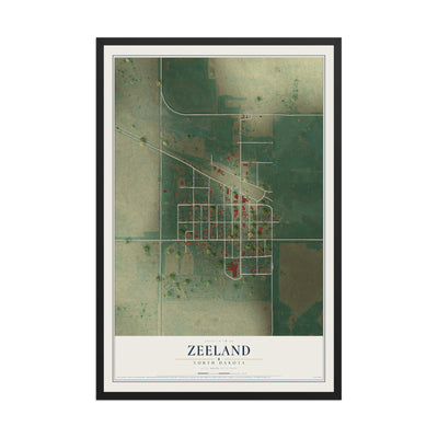 Map of Zeeland, North Dakota, 12 x 18 inch print in a black wood frame
