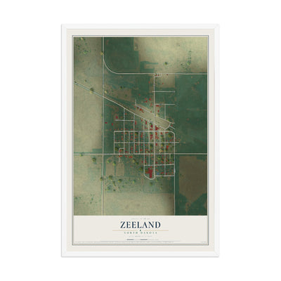 Map of Zeeland, North Dakota, 12 x 18 inch print in a white wood frame