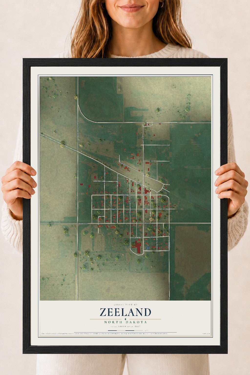 Map of Zeeland, North Dakota, 18 x 24 inch print in a black wood frame