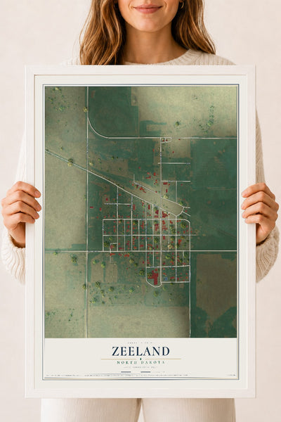 Map of Zeeland, North Dakota, 18 x 24 inch print in a white wood frame