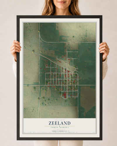 Map of Zeeland, North Dakota, 24 x 36 inch print in a black wood frame