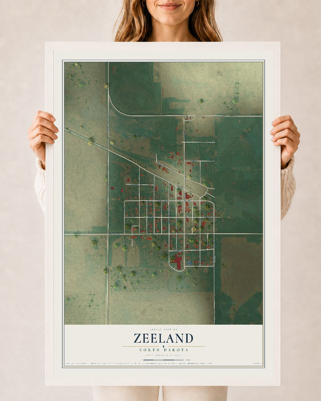 Map of Zeeland, North Dakota, 24 x 36 inch print in a white wood frame