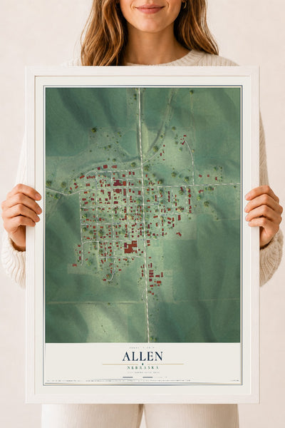 Map of Allen, Nebraska, 18 x 24 inch print in a white wood frame