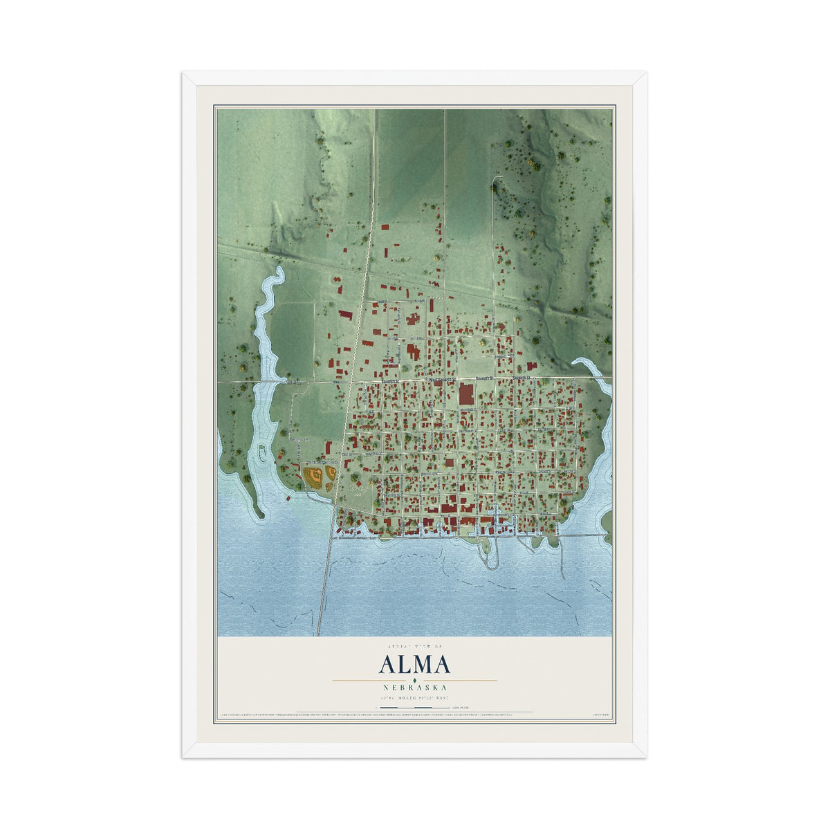 Map of Alma, Nebraska, 12 x 18 inch print in a white wood frame