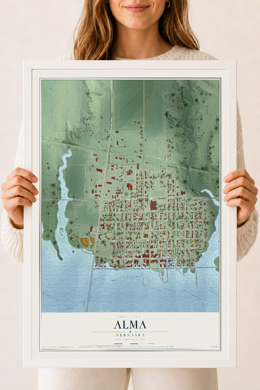 Map of Alma, Nebraska, 18 x 24 inch print in a white wood frame