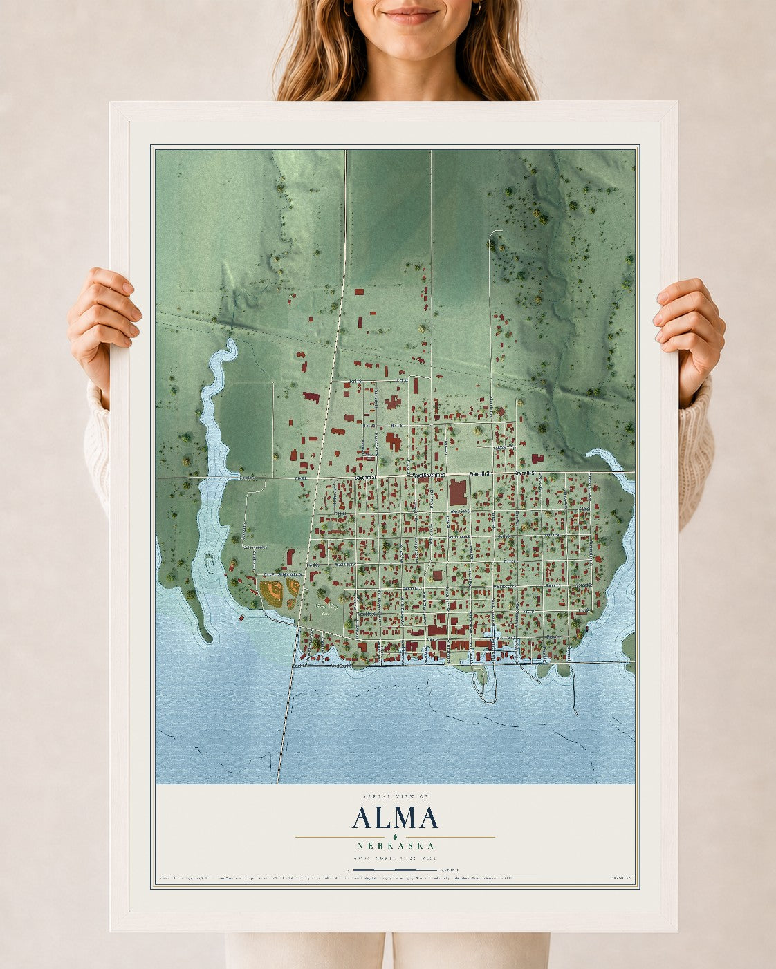 Map of Alma, Nebraska, 24 x 36 inch print in a white wood frame