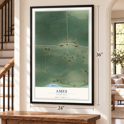 Ames, Nebraska map, 24 x 36 inch print in a black frame by a staircase