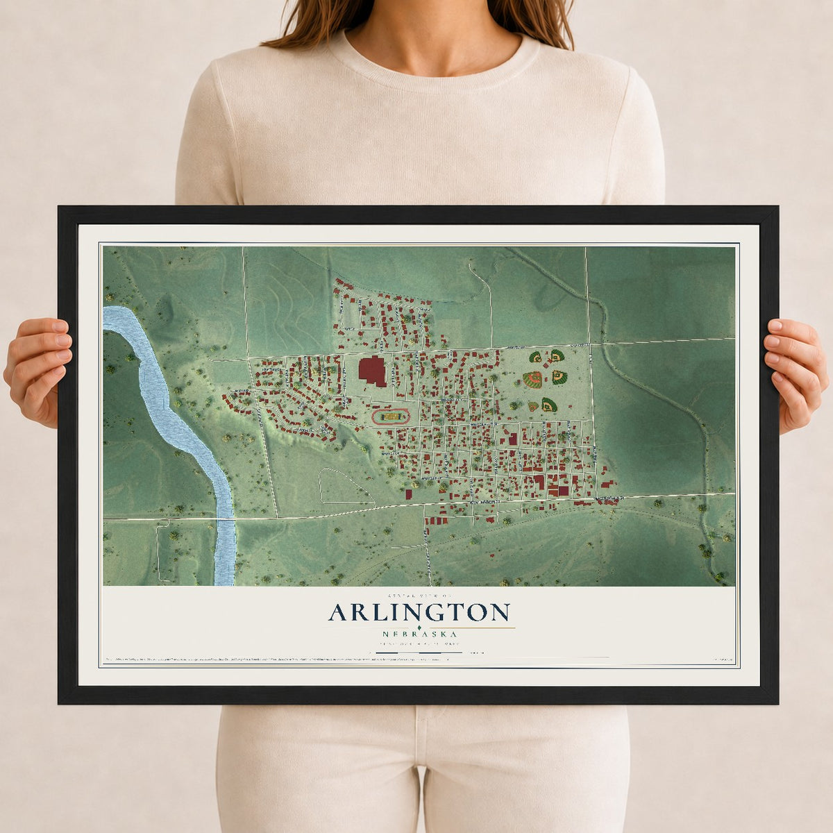 Map of Arlington, Nebraska, 12 x 18 inch print in a black wood frame