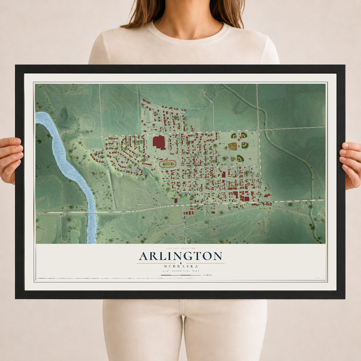 Map of Arlington, Nebraska, 18 x 24 inch print in a black wood frame