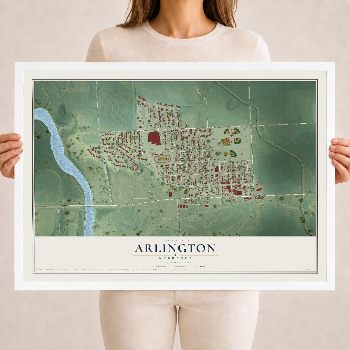 Map of Arlington, Nebraska, 18 x 24 inch print in a white wood frame