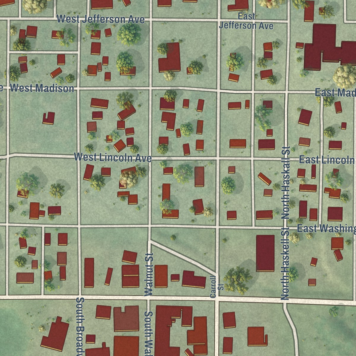 Close-up of the map of Arnold, Nebraska print showing street and building detail
