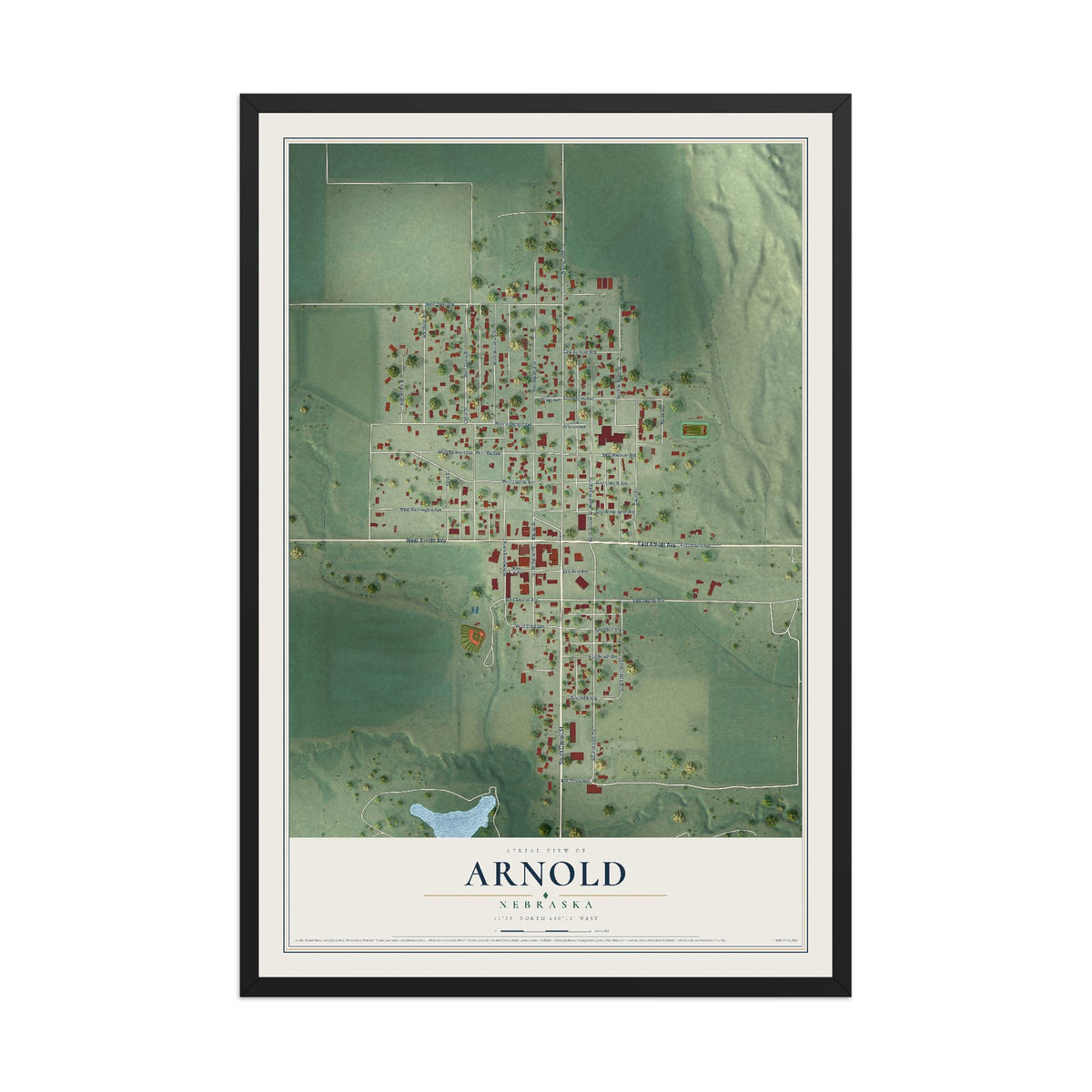 Map of Arnold, Nebraska, 12 x 18 inch print in a black wood frame