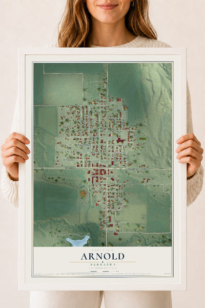 Map of Arnold, Nebraska, 18 x 24 inch print in a white wood frame