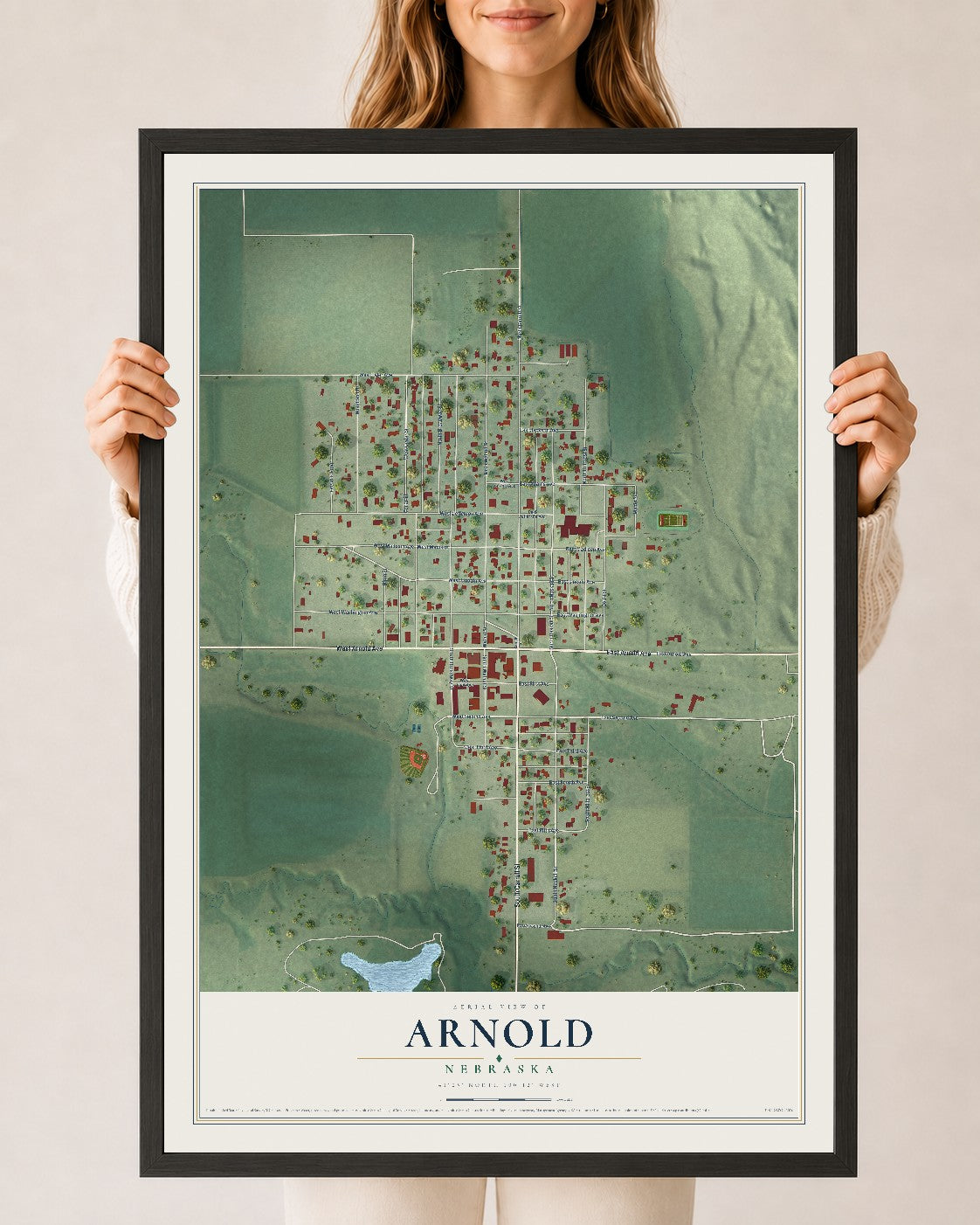 Map of Arnold, Nebraska, 24 x 36 inch print in a black wood frame