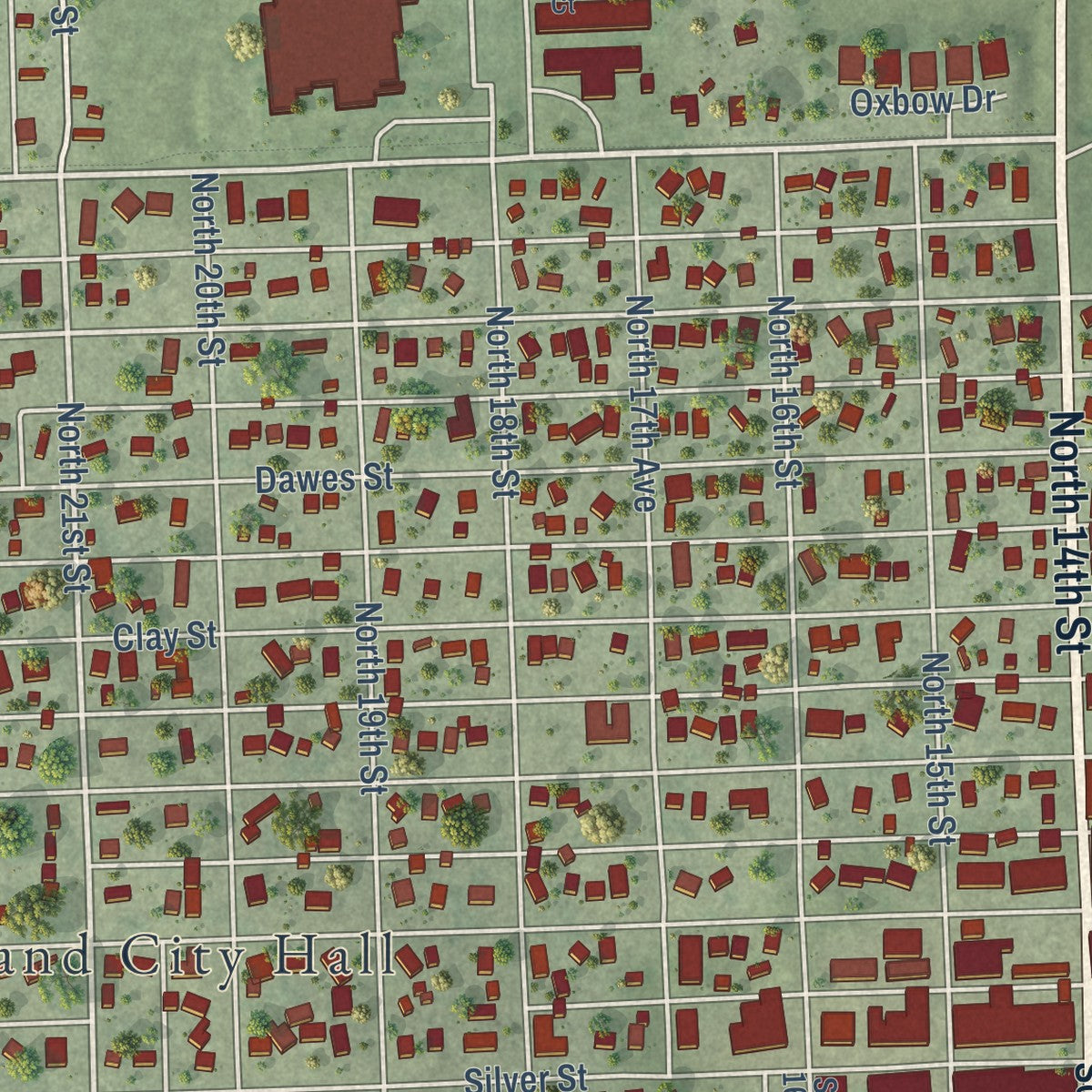 Close-up of the map of Ashland, Nebraska print showing street and building detail