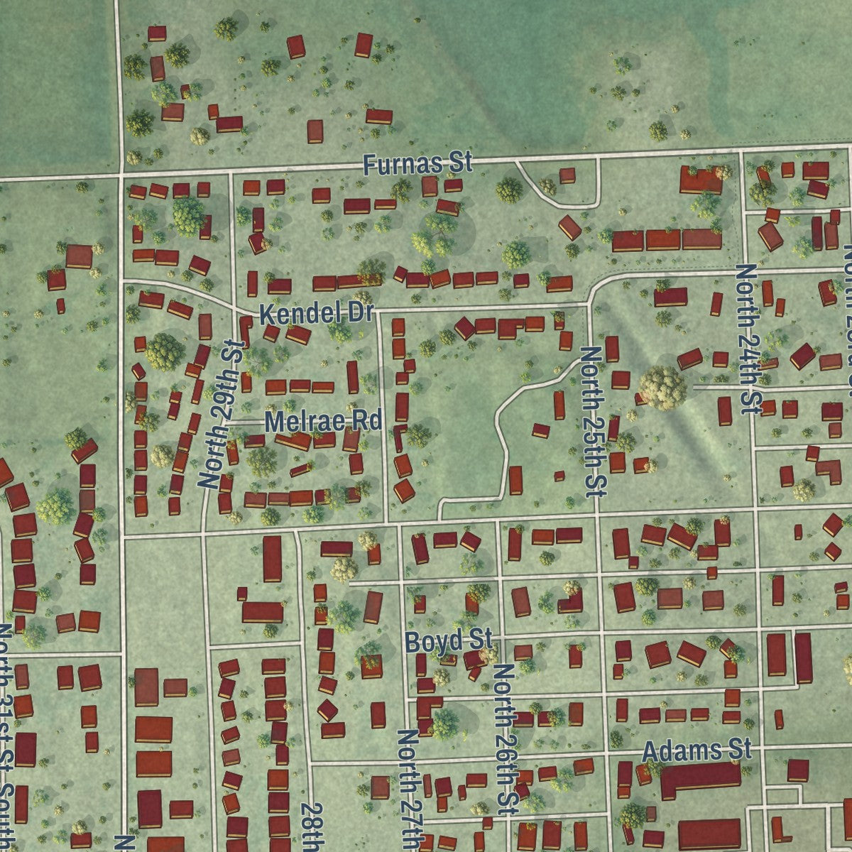 Second close-up of the map of Ashland, Nebraska print showing more streets and buildings