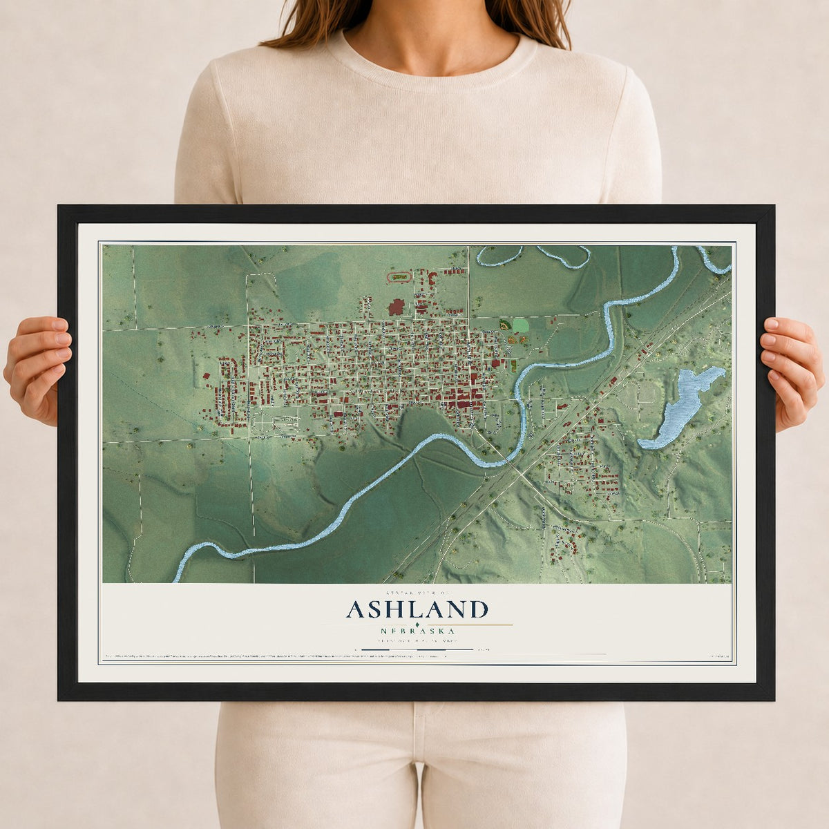 Map of Ashland, Nebraska, 12 x 18 inch print in a black wood frame