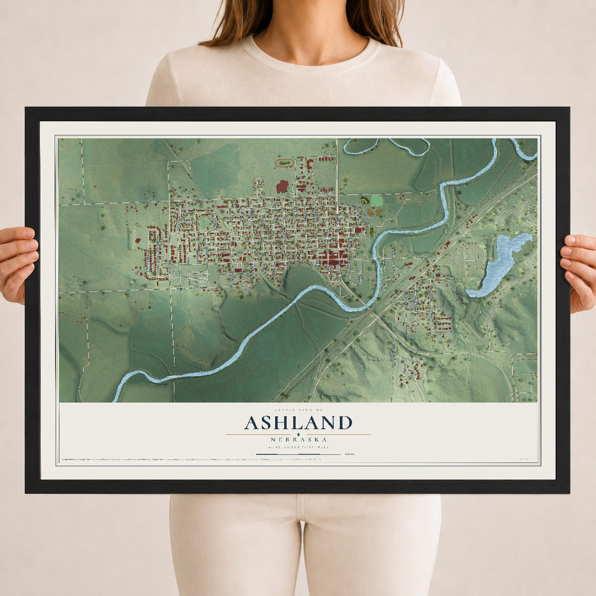 Map of Ashland, Nebraska, 18 x 24 inch print in a black wood frame