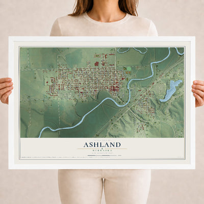 Map of Ashland, Nebraska, 18 x 24 inch print in a white wood frame